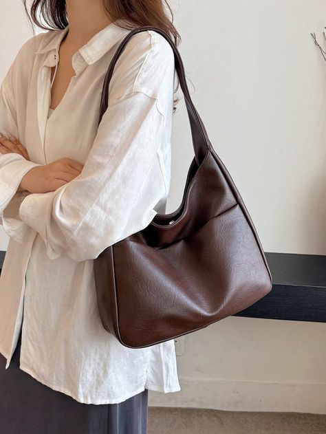 Large Capacity Women's Tote Bag, Four Season New Soft Faced Bucket Bag, College Student Commuting Bag, Foldable Casual Simple Handbag, Fashionable Retro Shoulder Bag, Versatile Underarm Bag, Popular Large Bag, School Backpack, High-End Pleated Bag, Suitable For Gifting Friends For Shopping, Dating, Business Trips, And Business Use Coffee Brown Casual,Fashionable   PU Leather Colorblock,Plain,Striped,Textured Pattern Shoulder Tote Bag   Women Bags, size features are:Bust: ,Length: ,Sleeve Length: Tote Bag For College Students, Bag For College Student, Tote Bags For College, Pleated Bag, Simple Handbag, Leather Tote Handbags, Retro Shoulder Bag, Shoulder Bags For School, Trendy Tote Bags