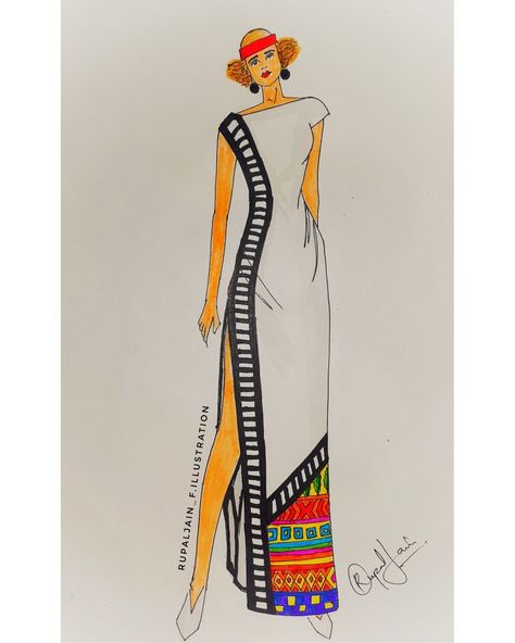 Instagram @rupaljain_f.illustration Balance Dress Design Sketch, Basic Illustration, Dresses Illustration, Illustration Poses, Pleats Fashion, Croquis Fashion, One Piece Gown, Fashion Figure Templates, Fashion Illustration Poses