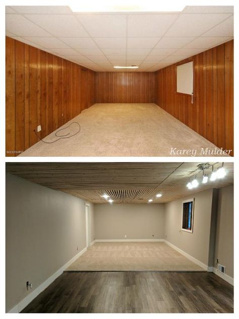 Remodeled basement from 70's paneling and suspended ceiling.  Used 8 ft. furring 1"x2" stripes on the ceiling, new can lights.  There was drywall behind the paneling and patched, sanded and repainted it.  New MDF casing around doors, windows and baseboards.   Saved carpet in half the room and used vinyl plank on the rest.  Replaced slider with a new center swing door.  In bedroom, put blocks on the ceiling and installed the backside of car siding, repainted and new MDF trim.  Ran gas p… Plywood Plank Flooring, Mdf Trim, Paneling Makeover, Basement Organization, Waterproofing Basement, Basement Makeover, Small Basements, Basement Ceiling, Cape House