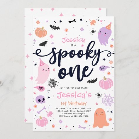 1st Birthday Party Ideas Halloween, 4th Birthday Invitation, Two Spooky, Halloween 1st Birthdays, Spooky One, Cute Halloween Ghost, Halloween Birthday Invitations, 1st Birthday Party Invitations, 2nd Birthday Party