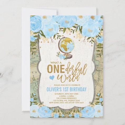 $2.92 | ONEderful World Adventure Map Boys 1st Birthday | Birthday Invitations | adventure awaits, what a wonderful world, onederful travel, vintage map globe, 1st birthday party, traveling wanderlust, blue gold watercolor floral flowers, boy baby shower, oh the places you'll go, soft pastel dusty blue peonies Wonderful World Birthday Party, Onederlust Birthday Party, Onederful Adventure Birthday Boy, What A Onederful World Birthday Boy, Onederful World Birthday Boy, Unique 1st Birthday Themes Boys, Crafting Templates, Baby Shower Garcon, Map Invitation