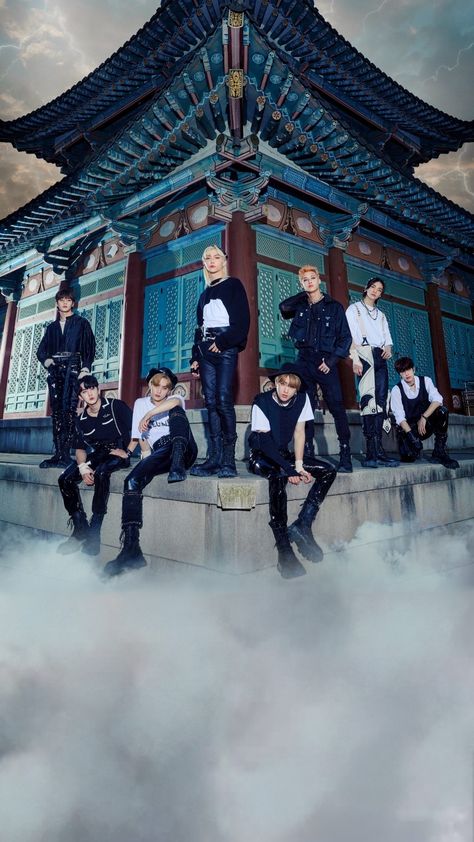 Stray Kids members standing in front of a temple that is above the clouds Skz Guide, Skz Collage, Stray Kids Thunderous, Hyunjin Stray Kids, Skz Wallpaper, Straykids In, The Comeback, My Wallpaper, Skz Stay