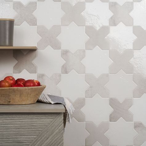 Parma White Polished Star and White Matte Cross 6" Terracotta Look Porcelain Tile | Tilebar.com Cross Tile, Backsplash Kitchen White Cabinets, Cotto Tile, Star Tile, Traditional Tile, Star Cross, White Polish, Custom Tiles, Girls Bathroom