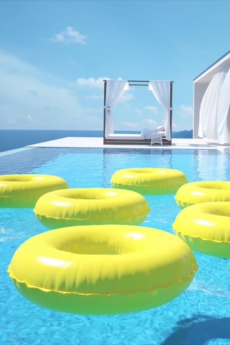 Evening Pool Party, Pool Party Decoration Ideas, Floating Pool Decorations, Pool Decorations, Swan Pool Float, Cute Pool Floats, Donut Pool, Xv Ideas, Swimming Pool Art