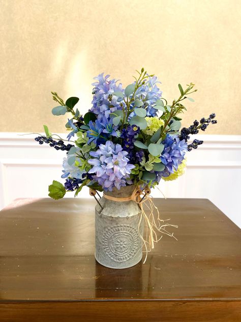 Galvanized Pitcher With Flowers, Blue Hyacinth Flower, Farmhouse Flowers, Hyacinth Flower, Farmhouse Blue, Blue Hyacinth, Farmhouse Vase, Lake Zurich, Purple Home