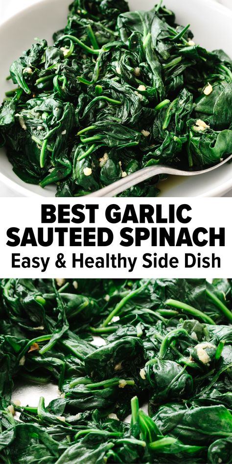 Garlic sauteed spinach in a pan. Sautéed Spinach With Garlic, Sauted Spinach Recipes, Steam Spinach, Cooked Spinach Recipes, Spinach Recipes Side, Downshiftology Recipes, Frozen Spinach Recipes, Fresh Spinach Recipes, Easy Spinach Recipes