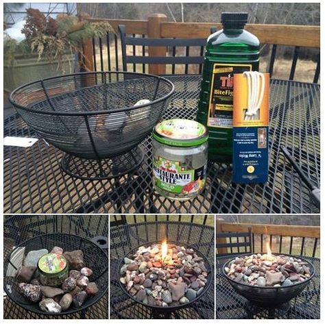 No link- I bought a wire basket at Savers, fill an empty glass jar with Tiki torch liquid, punch a hole in the cover and insert a wick through lid and cover the jar. While the wick soaks up the fluid, place jar in center of basket and add rocks around it. Light the wick and enjoy the rock candle! Hydrangea Centerpiece, Outdoor Designs, Tiki Torches, Patio Diy, Wire Basket, Fire Bowls, Deck Ideas, Graduation Ideas, Patio Lighting