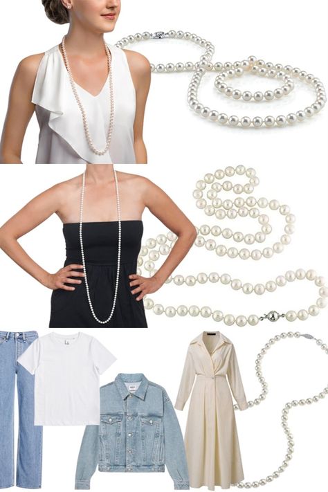 A long pearl necklace is made of several pearls strung together to form a single strand that usually spans at least 30 inches long. The pearls may have a wide range of dimensions and hues, or all have a single size and color. #PearlNecklace #JewelryTips #StylingTips #FashionInspiration #PearlJewelry #AccessoryIdeas #PearlLovers #StatementPiece #VersatileStyle #whitevictoria Pearl Necklace With Dress, Necklace With Dress, Pearl Outfits, Pearl Outfit, Long Pearl Necklace, Strand Of Pearls, Long Pearl Necklaces, Pearl Necklaces, Chic Look