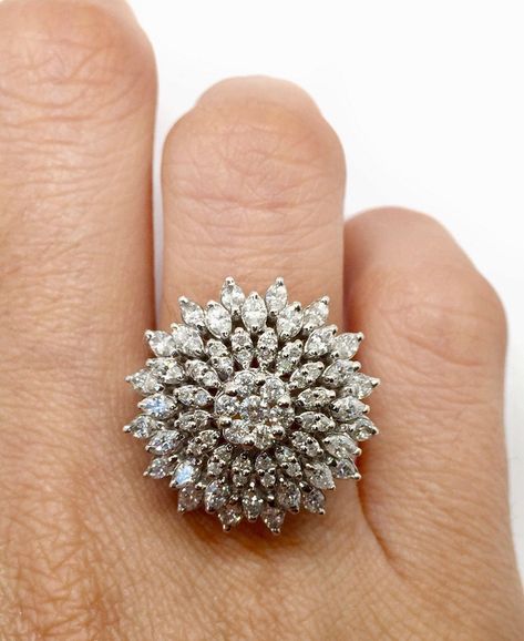 Amazingly brilliant natural diamond 18k solid white gold cluster flower ring.  Weight: 9.8 grams  Size: 7 and sizable ( resizing is available upon request.)  Size at the top appx: 22 mm diameter  Total number of diamonds: 72 including 33 marquise cut diamond total weight appx 1.99 Ct and 0.69 Ct round brilliant cut.  Clarity: VS2-SI1  Color: H  Cut: Good  COMES IN A NICE GIFT BOX!       YOUR SATISFACTION IS GUARANTEED!  Please Add me to your Favorites list! Cocktail Ring Designs, Temple Jewellery Earrings, Round Diamond Engagement Rings Halo, Flower Diamond Ring, Diamond Tops, Neck Pieces Jewelry, Diamond Pendants Designs, Real Diamond Rings, Antique Jewellery Designs