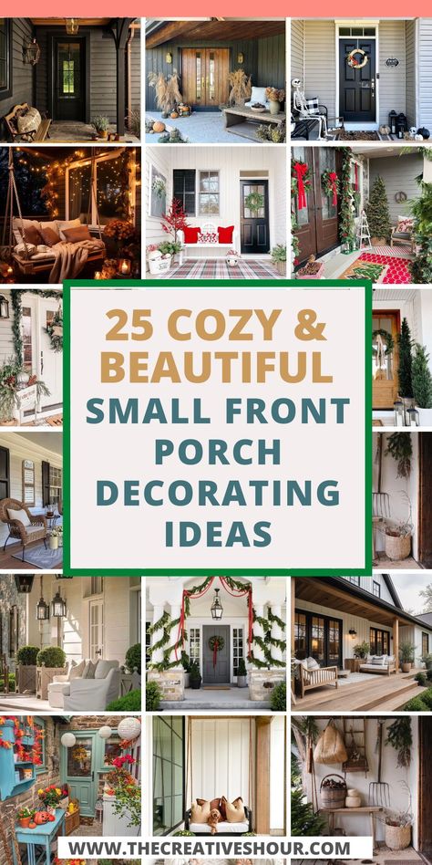 Welcome spring with open arms and a beautifully decorated small front porch. Our guide to small front porches decorating ideas on a budget combines modern aesthetics with seasonal flair. Learn how to utilize cheap finds and DIY projects for an entrance that embodies the freshness of springtime. From cozy textiles to boho accents, we'll show you how to create an inviting and contemporary entryway without overspending. Perfect for those who love a mix of modern and rustic vibes. Condo Porch Decorating, Front Porch Bench Decorating Ideas, Small Front Porch Ideas Entrance, Rustic Porch Ideas, Cute Front Porch, Small Porch Decor, Modern Front Porch Ideas, Small Porch Ideas, Modern Front Porches