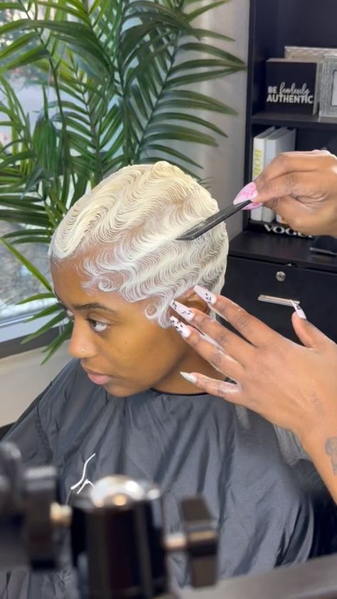 Candice Renee✂️ | Who's Next?? My signature finger waves are created in different patterns... 🌊 Using the Honey Almond x Coconut milk styling foam by… | Instagram Side Part Fingerwaves, Blond Finger Waves For Black Women, Finger Waves Short Hair Blonde, Short Blonde Fingerwaves Black Women, Honey Blonde Finger Waves, Pixie Finger Waves, Hair Apprenticeship, Pink Finger Waves, Women With Waves