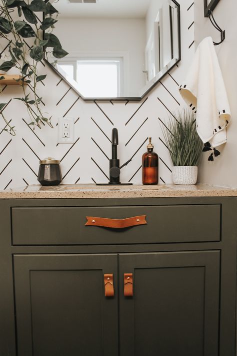 Boho Bathroom Black Vanity, Green And Black Bathroom Aesthetic, Green Western Bathroom, Black Bathroom With Greenery, Black Hexagon Tile Bathroom Floor Green Vanity, Dresser Drawer Handles, Leather Drawer, Leather Drawer Pulls, Kitchen Drawer Pulls