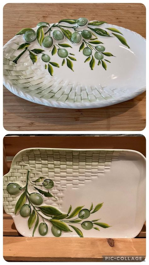 Olive Verde platters.  Hand Pointed in Italy. Ceramic and dishwasher safe.  Raised design with basket weave. Oval. 32cm x 20 cm Rectangle 9x6 inches Ceramic Platter Ideas, Home Vegetable Garden Design, Fimo Ideas, Pottery Platter, Clay Stamps, Pointing Hand, Hand Building, Cerámica Ideas, Pottery Handbuilding