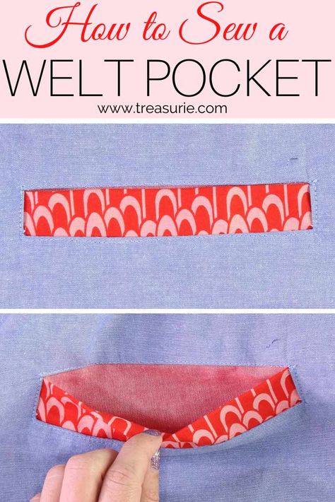 How to Sew Welt Pockets - Easy & Simplified | TREASURIE How To Make Pockets Sewing, Sewing Pockets In Bags, Making Pockets How To Sew, How To Sew Welt Pockets, Single Welt Pocket Tutorial, How To Make Welt Pockets, Sewing Welt Pockets, How To Sew A Welt Pocket, Welt Pockets Tutorial