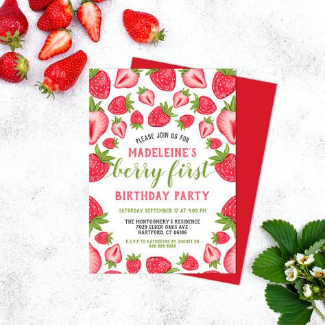 $3.08 | Berry First Strawberry Cute Custom 1st Birthday #berry 1st birthday invitation, strawberry birthday invitations, strawberry, cute, berry first birthday invitation, strawberry 1st birthday invitations, berry sweet, berry first strawberry birthday, strawberry 1st birthday Berry First Birthday Invitation, 1st Birthday Invitation Template, Berry First Birthday, 1st Birthday Party Themes, First Birthday Party Themes, First Birthday Themes, 1st Birthday Invitations, First Birthday Invitations