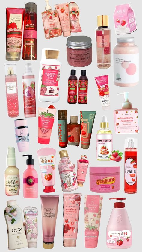 🍓 strawberry self care 🍓 Body Skin Care Products, Feminine Products, Strawberry Girl, Girl Products, Pound Cake With Strawberries, Bath And Body Works Perfume, Shower Skin Care, Strawberry Milk, Body Care Routine