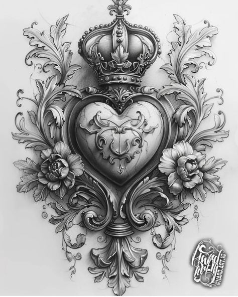 Engagement Tattoos, Tattoos Drawing, Sacred Heart Tattoos, Filigree Tattoo, Full Leg Tattoos, Throat Tattoo, Crown Tattoo Design, Pretty Hand Tattoos, Ornament Drawing