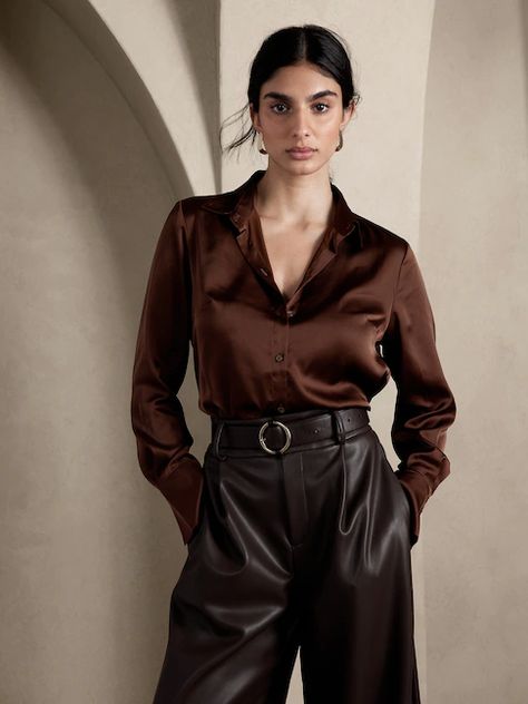 New Women's Clothes | Banana Republic Factory Satin Pants Outfit, Satin Shirt Outfit, Silk Shirt Outfit, Outfit Ideas November, Satin Blouse Outfit, Shirt Outfit Ideas, Stylish Blouse Design, Brown Satin, Shirts Women Fashion