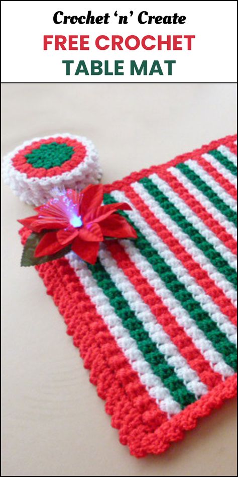 Free crochet pattern - Christmas Tablemat from crochet 'n' create. Free fast, quick-easy-beginner-friendly! Christmas Crochet Placemats Free Pattern, Christmas Crochet Placemats, Crochet Place Mats Free Pattern Placemat, Crochet Place Mats Free Pattern, Crochet Christmas Placemats, Easy Crochet Christmas Gifts, Crocheted Placemats, Easy Crochet Christmas, Easy Placemats