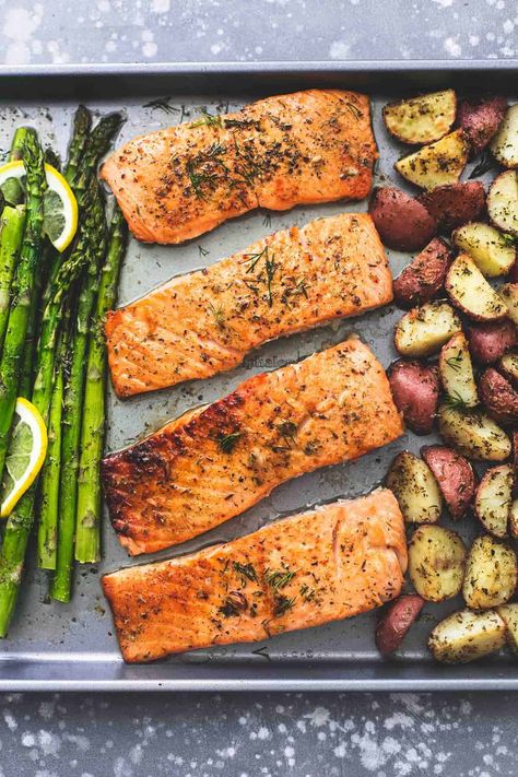 Sheet Pan Salmon and Asparagus with Potatoes is a great way to get in a serving of protein and heart-healthy Omega-3s. Everyone in your family will love this dish for the flavor and you’ll love it for its ease of cooking and clean up. Baked Salmon And Asparagus, Sheet Pan Salmon, Potatoes Dinner, Pan Salmon, Salmon Potato, Potato Dinner, Sheet Pan Dinners Recipes, Healthy Salmon Recipes, Salmon And Asparagus