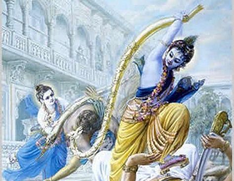 Nilanjana recounts a rale from the Bhagavatam about how Krishna broke the great bow of Kamsa. His men tried to catch Balarama and Krishna but they both took up a piece of the broken bow and beat up… Bhagwad Gita, Window Illustration, Krishna Avatar, Lord Vishnu Wallpapers, Hinduism Art, Vedic Art, Devi Durga, Ganesha Art, Lord Krishna Wallpapers