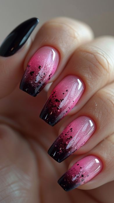 Pink Ombre Nails Pink Nail Black Tip, Pink Nails With Black Glitter, Black And Pink Ombre Nail Designs, Pink And Silver Ombre Nails, Black Ombre Nails Coffin, Ombre Ballerina Nails, Fall/winter Nail Colors, Pink And Black Nails Short, Trendy Ombre Nails