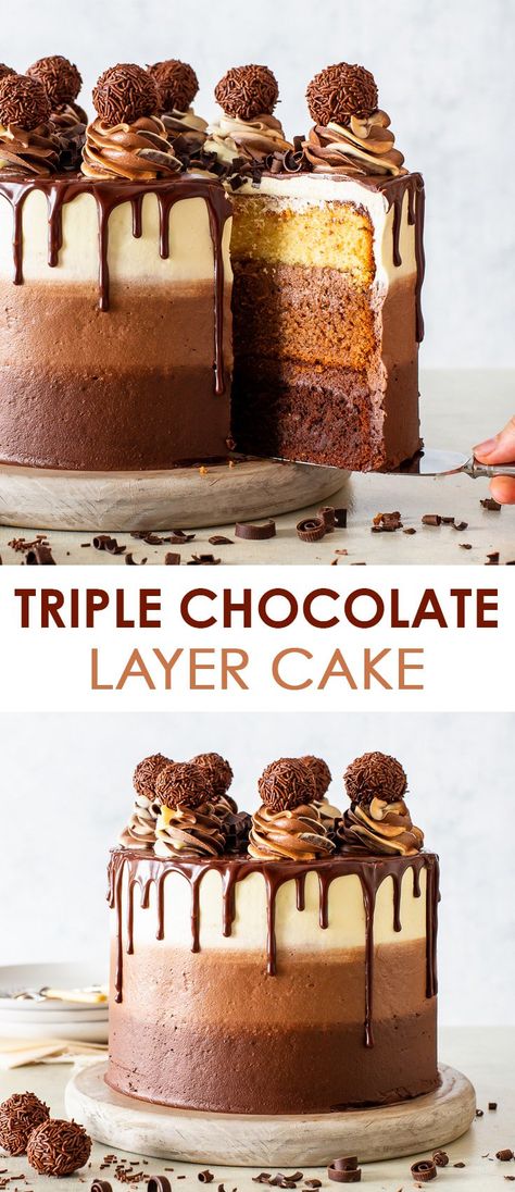 Chocolate Layer Cake Birthday, White And Dark Chocolate Cake, Different Flavours Of Cakes, Chocolate Cakes Birthday, Cake Flavours Ideas, Three Chocolate Cake, Chocolate Cake For Birthday, Chocolate Layer Cakes, Layered Cake Ideas