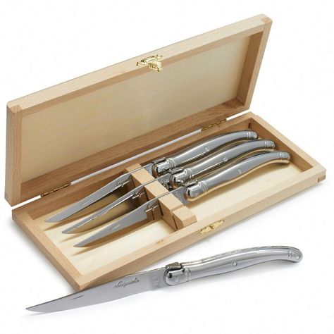 Dubost® Laguiole Stainless Steel Steak Knives, Set of 4 | Sur La Table French Industrial, Steak Knife Set, Steak Knife, Harvest Table, Wood Care, Carving Knife, Steak Knives, Tools For Sale, Knife Set