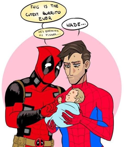 Spidypool Fanart, Deadpool X Spiderman, Baby Spiderman, Superfamily Avengers, Deadpool And Spiderman, Avengers Comics, Marvel Deadpool, Marvel Fan Art, Marvel Avengers Funny