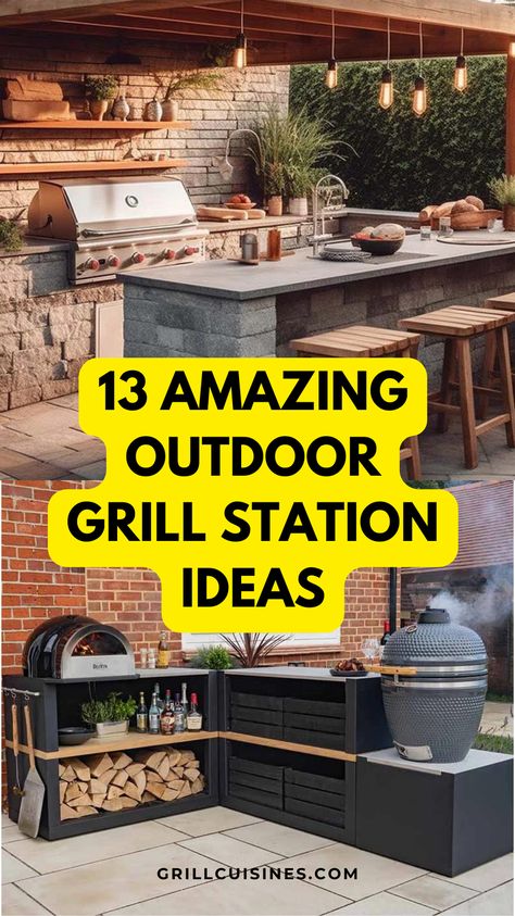 Turn your backyard into a culinary haven with these 20 amazing grill station inspirations! Explore a range of ideas from effortless DIY setups to luxurious outdoor kitchens, all designed to match your unique style and budget. #OutdoorGrill #GrillIdeas #BackyardDesign Build Outdoor Grill Station, Backyard Grill Station Ideas, Grill Pit Ideas Backyards, Patio Cooking Station, Diy Backyard Grill Station, Outdoor Grill Design Ideas, Garden Bbq Ideas Grill Area, Outdoor Charcoal Grill Station, Diy Outdoor Traeger Grill Station