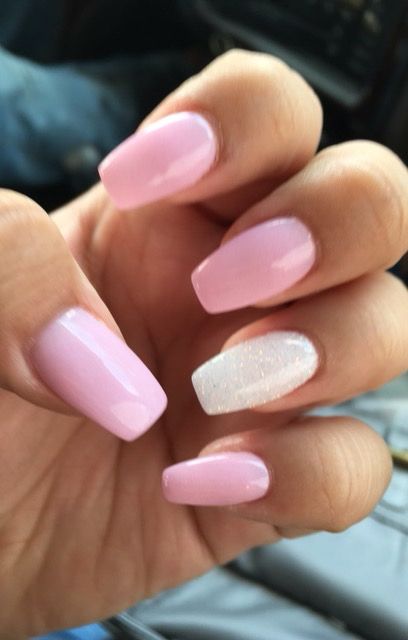 Pink And White Nail Polish Ideas, Simple Pink Hoco Nails, White And Pink Acrylic Nails Ideas, Pink Nails With White Ring Finger, Nail Ideas Acrylic Light Pink, White And Pink Coffin Nails, Short Coffin Acrylic Nails Pink, Light Pink Nails With White Design, Short Nails Simple Classy