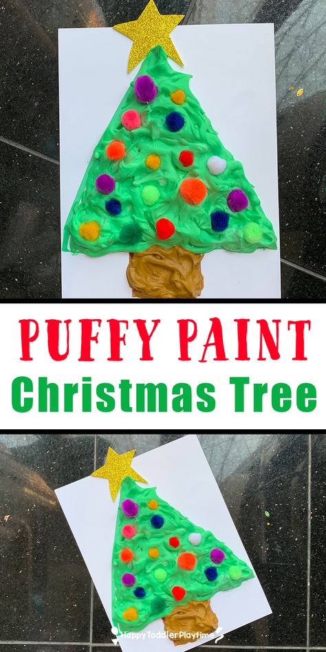 Shaving Cream Christmas Craft, Puffy Paint Christmas Tree, Christmas Puffy Paint, Evergreen Tree Crafts Preschool, Christmas Tree Craft For Toddlers, Christmas Tree Toddler Craft, How To Make Puffy Paint, Christmas Tree Craft Preschool, Toddler Christmas Tree Crafts