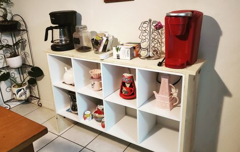 Coffee ☕ bar Cube Coffee Bar, Kallax Ikea, Coffee Bar, Shelving Unit, Trash Can, Shelves, Bar, Coffee, Canning