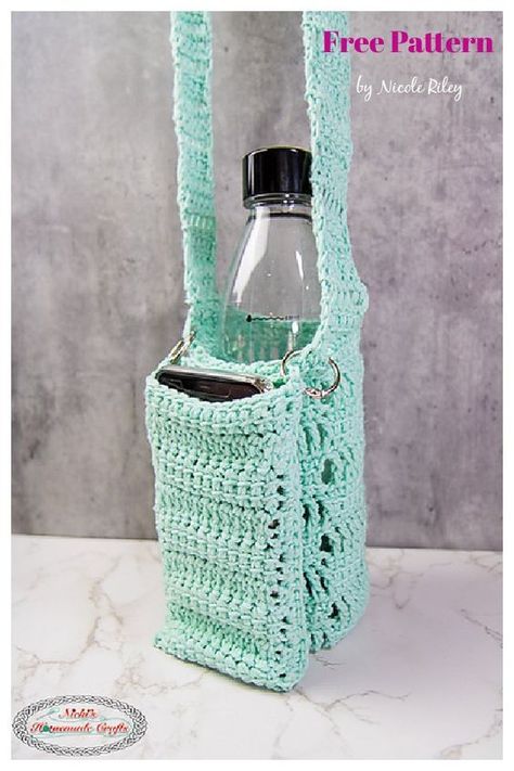 8 Mesh Bottle Holder Free Crochet Pattern - Page 2 of 2 Crochet Water Bottle, Crochet Water Bottle Holder, Crochet Phone Cases, Bottle Cozies, Water Bottle Holder, Bottle Carrier, Quick Crochet, Fun Crochet Projects, Water Bottle Holders