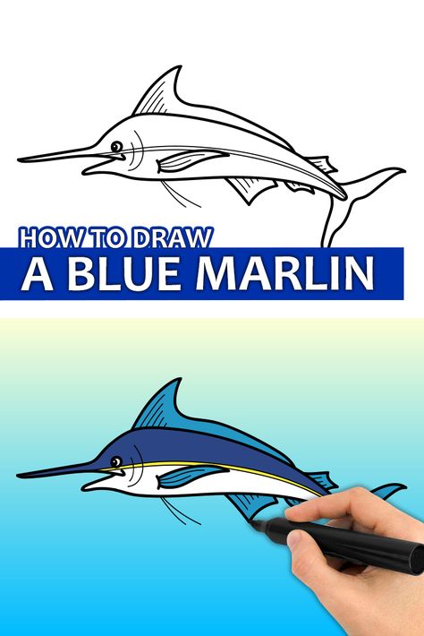 Learn how to draw a Blue Marlin with this step by step drawing tutorial video. Enjoy! ♥ #bluemarlin #bluemarlindrawing #oceananimal #howtodraw #easydrawingforkids Marlin Drawing, Blue Marlin Fish, Marlin Fish, Ocean Drawing, Blue Marlin, Easy Drawings For Kids, Fish Drawings, Sea Theme, Step Drawing