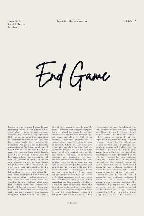 Poster Taylor Swift, Lyric Wall Art, Reputation Era, End Game, Lyric Poster, Taylor Swift Wallpaper, Taylor Swift Lyrics, Her Music, Figure It Out