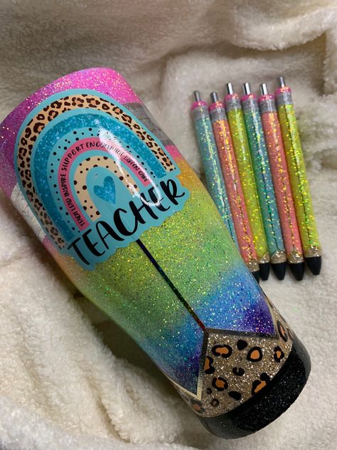 Beautiful rainbow glitter tumbler, teacher tumbler, teacher gifts, leopard print tumbler , glitter pens , teacher appreciation week Teacher Appreciation Diy, Leopard Print Tumbler, Lead Teacher, Epoxy Cups, Teacher Rainbow, Teacher Tumbler, Epoxy Tumblers, Resin Craft, Glitter Pens