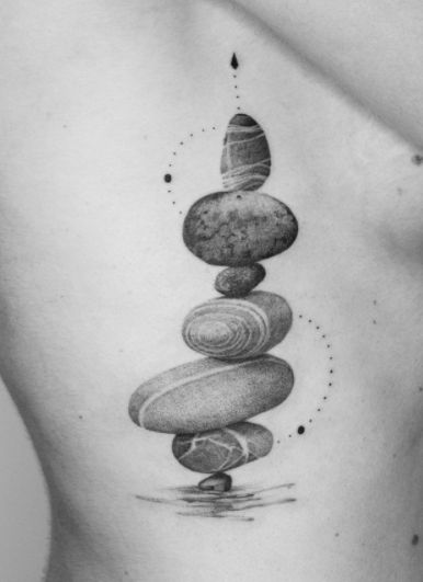 Rock And Water Tattoo, Balancing Rocks Tattoo, Rock Stack Tattoo, Rock Cairn Tattoo, Petoskey Stone Tattoo, Tattoos About Balance, Rocks Tattoo Stone, Cairns Tattoo, Rock Tattoo Nature