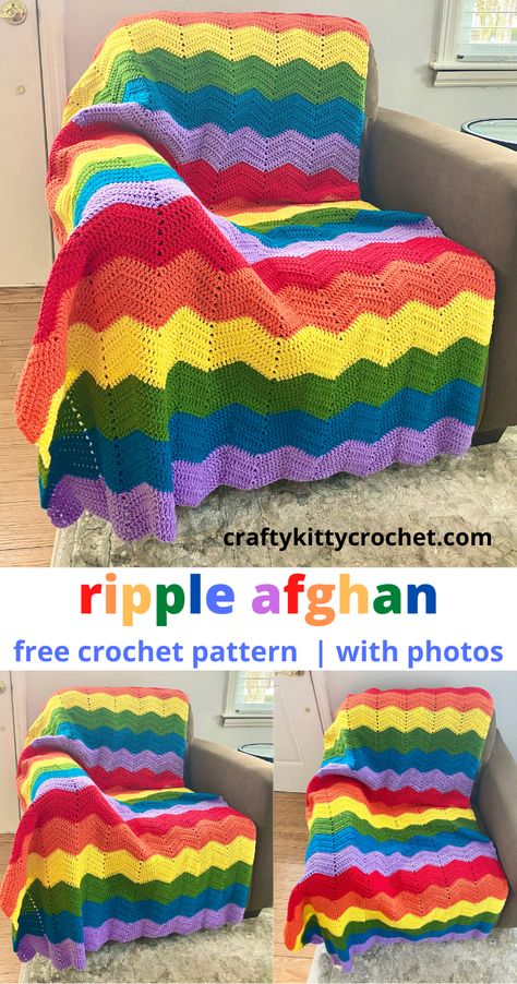 Crochet Borders For Blankets, Rainbow Crochet Blanket, Ripple Afghan Pattern, Crochet Blanket Rainbow, Chevron Afghan, Crochet Ripple Afghan, Ripple Crochet, Crochet Blanket Chevron, Crochet Ripple Blanket