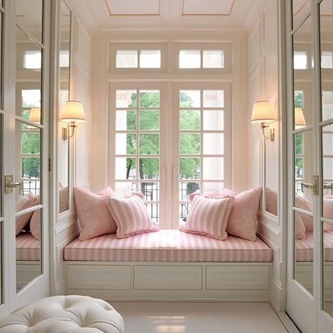 pink and white stripes on a dressing room window seat Dressing Room Window, Decorating With Pink, Pink House Interior, Striped Bedroom, French Fabrics, Pink Closet, Paint Wallpaper, Pink Living Room, Serene Bedroom