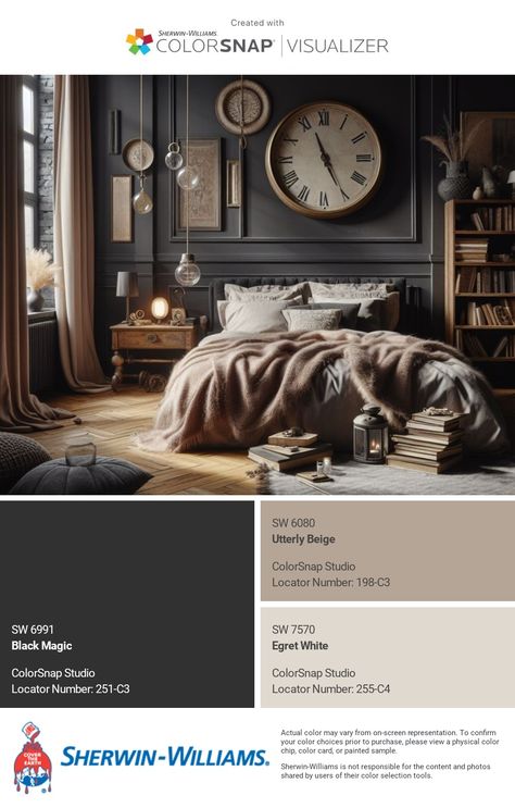 I just created this color palette with the Sherwin-Williams ColorSnap® Visualizer app on my Android phone. What do you think? You can learn more about ColorSnap Visualizer and get it on your phone free by visiting https://www.sherwin-williams.com/content/colorsnap.html. Sherwin Williams Dark Neutrals, Green Black Sherwin Williams Bedroom, Iron Ore Sherwin Williams Living Rooms, Tricorn Sherwin Williams, Iron Ore Interior Walls, Tungsten Sherwin Williams, Iron Ore Room, Black Magic Paint Sherwin Williams, Pewter Tankard Sherwin Williams