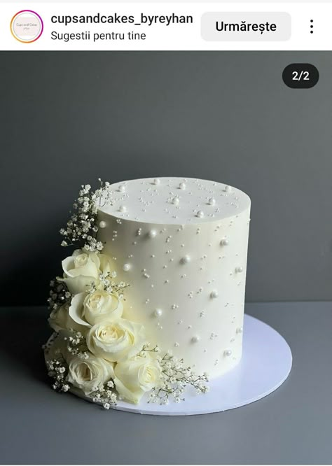 Pearl Wedding Cake 1 Tier, White Cake With Pearls, Kue Wedding, Nikah Cake, Engagement Cake Images, White Vintage Cake, Nikkah Cake, White Floral Cake, 1 Tier Wedding Cakes