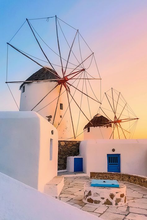 Mykonos Airport, Vertical Windmill, Best Hotels In Greece, Greece Rhodes, Greek Paintings, Greece Mykonos, Wind Mills, Snowdonia National Park, Mykonos Greece