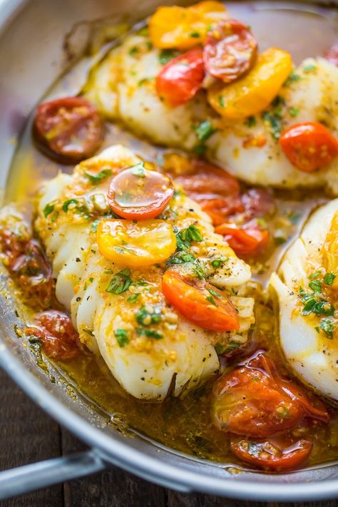 Pan-Seared Cod in White Wine Tomato Basil Sauce - Baker by Nature Basil Fish Recipes, Pan Seared Cod In White Wine Tomato, Cod Recipes Pan Seared, White Wine Tomato Basil Sauce, Clam Boil, Steamed Cod, Seared Cod, Cod Dishes, Cod Fillets