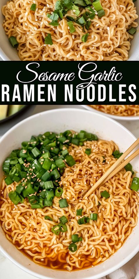 Whip up these Sesame Garlic Ramen Noodles for a quick, flavorful meal 🍜! Packed with garlic, soy, and sesame, it’s a savory dish that’s perfect for busy nights. #SesameGarlicRamen #EasyDinner #NoodleRecipes #QuickMeals #FlavorfulFood #AsianCuisine Savory Ramen Recipes, Ramen Noodle Lunch Ideas, Noodle Bowl Recipes Ramen, Fancy Ramen Recipes Easy, Creamy Garlic Ramen, Costco Ramen Noodle Recipes, Quick Easy Ramen Noodle Recipes, Healthy Asian Noodle Recipes, Simple Ramen Noodle Recipes