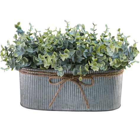 Eucalyptus Arrangement, Plant Centerpieces, Fake Potted Plants, Galvanized Planters, Greenery Centerpiece, Faux Eucalyptus, Desk Plants, Metal Planter Boxes, Greenery Arrangements