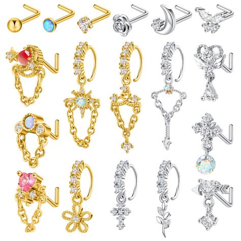 PRICES MAY VARY. Abundant Quantity and Various Styles: you will receive 18 cute nose rings in various styles, including 6 dangling nose rings, 6 dangling L shaped nose studs and 6 L shaped nose studs; And there are a variety of patterns, including stars, leaves, hearts, moons, flowers, etc.; The sufficient quantity and abundant styles are enough to meet your daily matching needs Reliable Material: the nose jewelry is made of quality stainless steel and copper, which has good toughness and can se Indian Nose Piercing, Cute Nose Rings, Unique Nose Rings, Nose Ring Jewelry, Nose Ring Hoop, Nose Piercing Hoop, Dope Jewelry Accessories, Nose Studs, Nose Piercing Jewelry