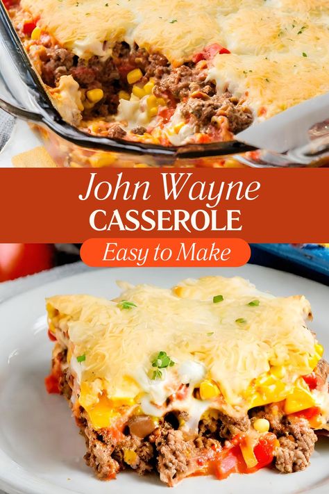 Discover the ultimate comfort food with our John Wayne Casserole recipe. This easy-to-make ground beef casserole features a savory biscuit base topped with a flavorful combination of diced tomatoes, corn, taco seasoning, cream cheese, and a blend of melted mozzarella and cheddar cheeses. John Wayne Casserole Recipe, Cornbread Dishes, John Wayne Casserole, Recipes Using Ground Beef, Biscuits Casserole, Corn Taco, Cream Cheese Topping, Cream Style Corn, Savoury Biscuits