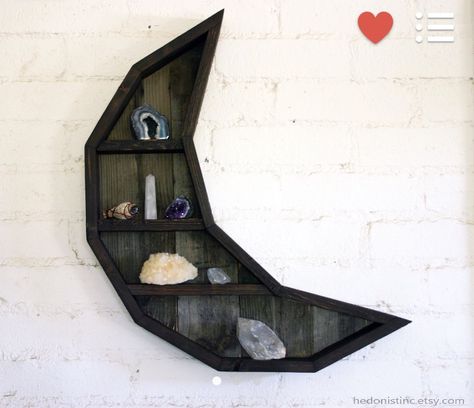 Moon Cabinet, Gem Display, Moon Shelf, Unique Shelf, Wood Moon, Curiosity Cabinet, Display Shelving, Goth Home, Goth Home Decor