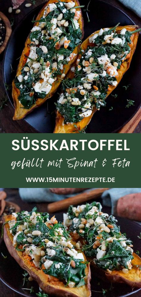 Probiere meine gefüllte Süßkartoffeln mit Spinat und Feta, die schnell und einfach im Ofen gebacken sind. Das vegetarische Süßkartoffel Rezept findest du auf meinem Blog. Winter Recipes Easy, Autumn Lunch Ideas, Healthy Veggie Recipes, Health Recipes, Sweet Potato Pie, Vegetarian Dinner, Winter Food, Low Calorie Recipes, Everyday Food